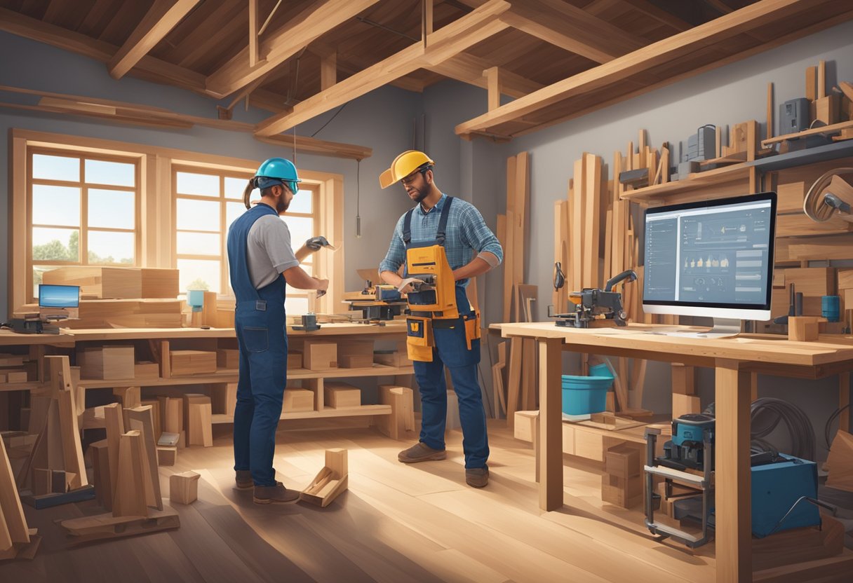 A carpentry workshop with AI-powered tools and machines, a computer displaying data analytics, and a carpenter interacting with virtual reality design software